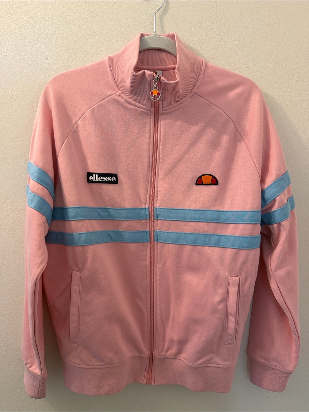 Ellesse Pink Zip-Up Track Jacket with Light Blue Stripes